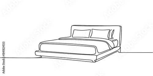 Continuous line art illustration of a minimalist queen-size bed for bedroom decor Vector, illustration