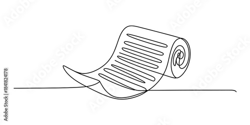 Continuous line drawing of a scroll unrolling to reveal document content Vector, illustration