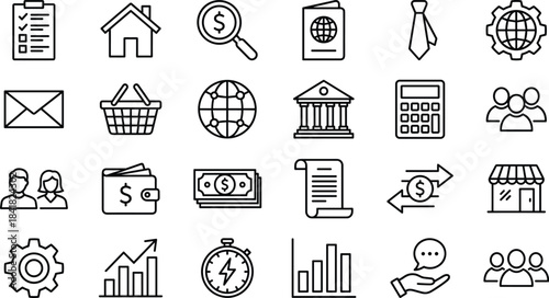 Business finance commerce icon set including banking money analytics shopping communication teamwork management growth outline symbols
