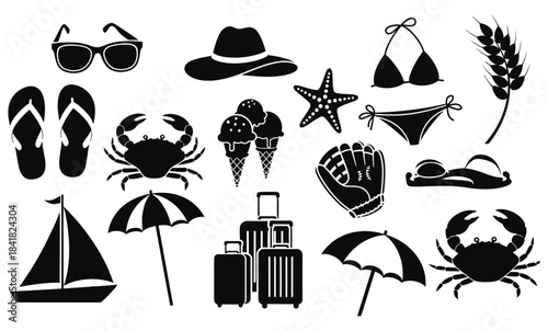 A collection of black silhouette icons representing summer, vacation, and beach travel elements on a white background.
