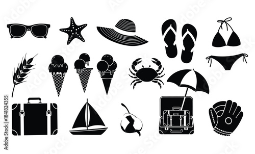A collection of essential summer vacation and beach icons in black silhouette style