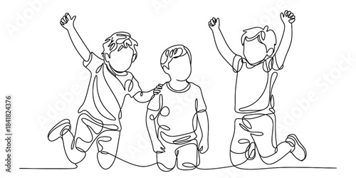 Continuous line drawing of three happy boys playing together and celebrating childhood joy