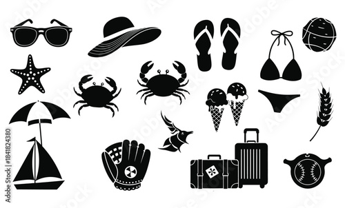 A collection of black silhouette icons representing summer vacation and beach travel elements