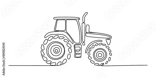 Simple continuous line art drawing of a tractor, a farming vehicle, on a clean white background.