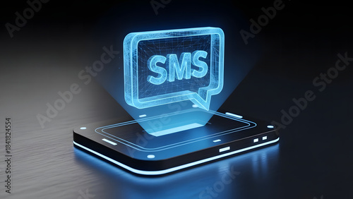 Wallpaper Mural Holographic sms message bubble glowing with blue light above a modern smartphone Torontodigital.ca