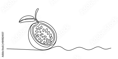 Elegant continuous line drawing of a half-cut passion fruit showcasing its inner seeds and pulp