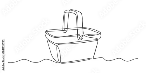 Single continuous line art drawing of a classic picnic basket with a curved handle on a plain background