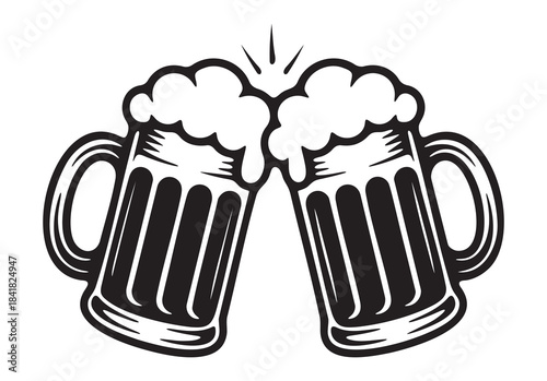 Two classic frothy beer mugs clinking together in a celebratory toast vintage vector graphic illustration