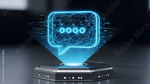 Wallpaper Mural Futuristic digital communication concept with a glowing blue polygonal speech bubble hologram emerging from a dark metallic hexagonal platform set against a blurred dark background Torontodigital.ca