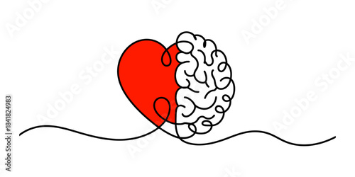 A conceptual continuous line art illustration showing the connection between heart and brain