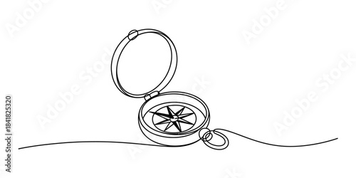 Continuous line art drawing of an open vintage compass showing a detailed compass rose