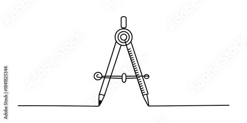 A simple continuous line art illustration of a drafting compass drawing a straight line
