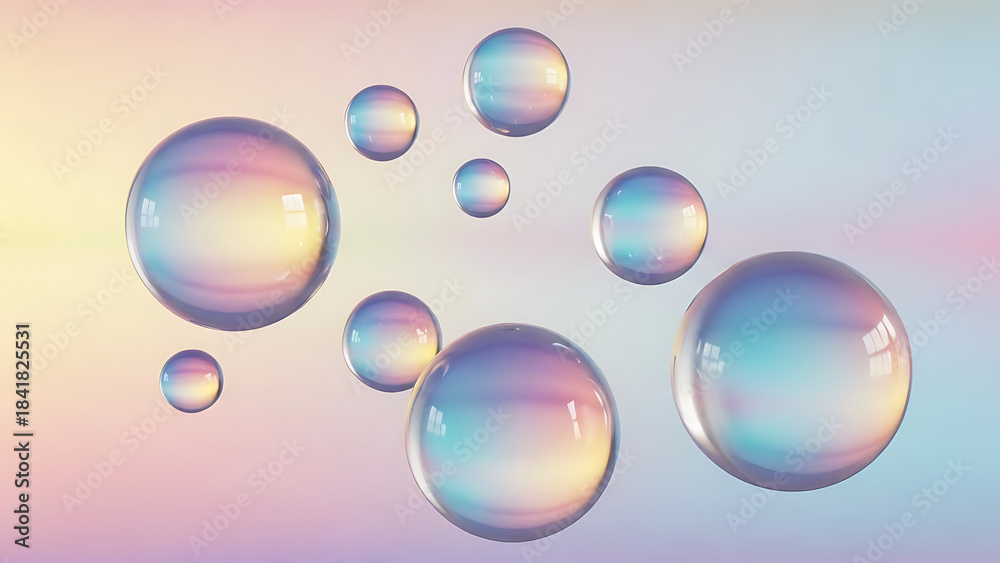 Naklejka premium Iridescent Bubbles Floating Against a Gradient Pastel Background