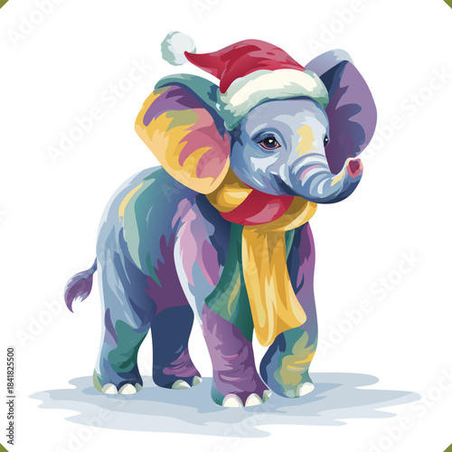 Vector illustration of a colorful elephant in a vibrant geometric style, wearing a hat and scarf, isolated on a white background