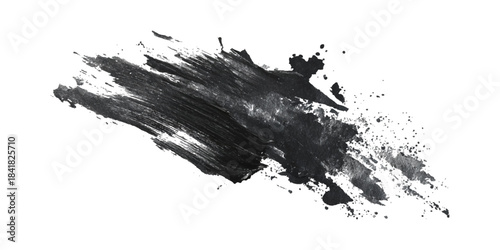 Expressive black paint stroke with dynamic splatters on a clean white canvas