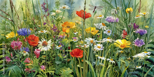 Vibrant tapestry of colorful wildflowers blooming in a sunlit meadow on a warm summer day