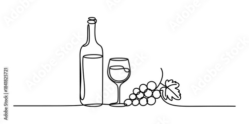 Continuous line drawing of a wine bottle, glass, and grapes on a white background