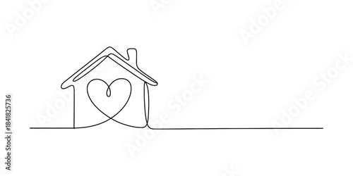 Continuous line art drawing of a house with a heart inside representing home sweet home