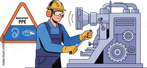 Worker wearing PPE operating machinery in industrial setting.