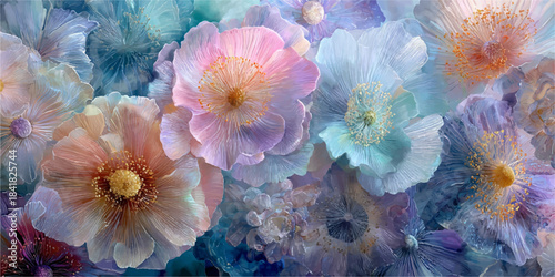 Soft focus pastel colored flowers with delicate petals in a dreamy floral arrangement