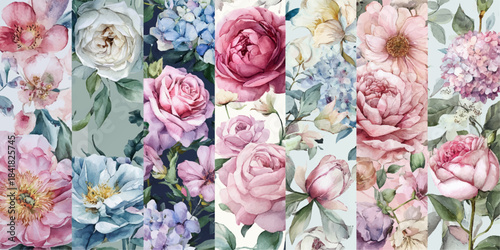 Soft pastel watercolor floral collage featuring roses peonies and hydrangeas in delicate bloom
