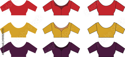 Collection of women's choli or blouse tops with different necklines