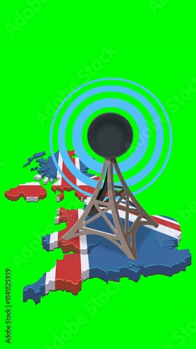 Radio/broadcast antenna (transmission tower) centered on an outline map of the United Kingdom, painted with the Union Jack flag. Solid green screen with alpha channel (loopable)