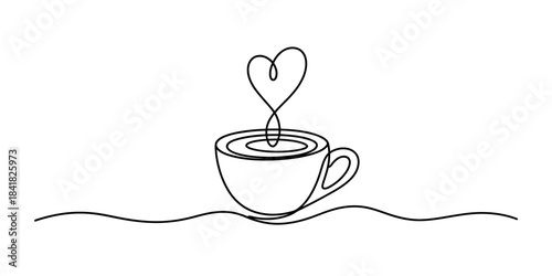 A minimalist single continuous line drawing of a steaming coffee cup with a heart shape