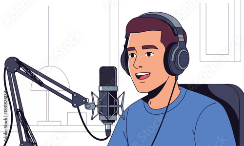 Man wearing headphones speaks into a microphone in a studio