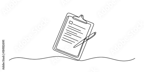 Continuous line drawing of a clipboard and pen symbolizing business and form filling