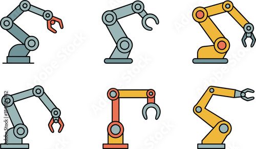 Industrial robotic arm icons set, automation machinery illustration, mechanical factory robot manipulators in multiple color variations