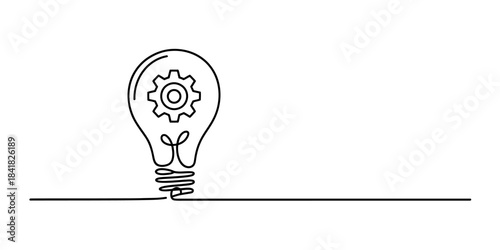 Continuous line drawing of a lightbulb with a gear inside representing idea mechanism