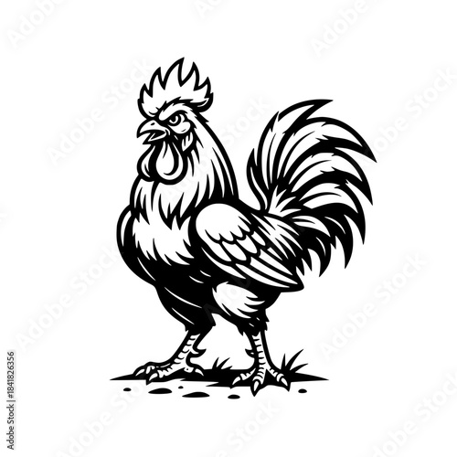 ​Aggressive Rooster Line Art. Black and White Vector Icon for Logo, Farm Mascot, Vintage Poultry Design, Animal Symbol, Simple Chicken, or Agriculture Branding.Generative ai