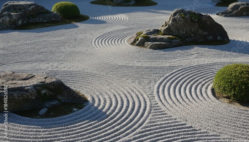minimal zen stone garden with raked gravel pattern symbol of mindfulness and japanese aesthetic landscape japan meditation