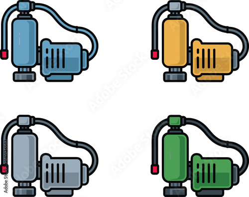 Industrial air compressor pump icon set, mechanical pressure equipment illustration, pneumatic machinery symbols in multiple colors