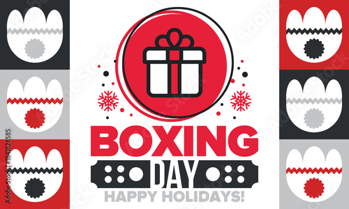 Boxing Day. Day after Christmas Day, when gifts are given! This holiday is associated with shopping and sporting events. Celebrated annually in the Great Britain on December 26th. Vector illustration