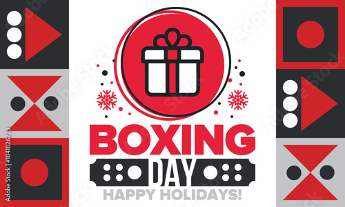 Boxing Day. Day after Christmas Day, when gifts are given! This holiday is associated with shopping and sporting events. Celebrated annually in the Great Britain on December 26th. Vector illustration