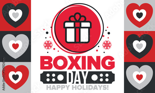 Boxing Day. Day after Christmas Day, when gifts are given! This holiday is associated with shopping and sporting events. Celebrated annually in the Great Britain on December 26th. Vector illustration