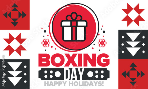 Boxing Day. Day after Christmas Day, when gifts are given! This holiday is associated with shopping and sporting events. Celebrated annually in the Great Britain on December 26th. Vector illustration