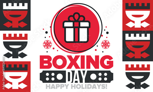 Boxing Day. Day after Christmas Day, when gifts are given! This holiday is associated with shopping and sporting events. Celebrated annually in the Great Britain on December 26th. Vector illustration
