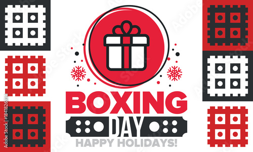 Boxing Day. Day after Christmas Day, when gifts are given! This holiday is associated with shopping and sporting events. Celebrated annually in the Great Britain on December 26th. Vector illustration