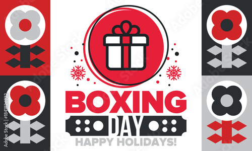 Boxing Day. Day after Christmas Day, when gifts are given! This holiday is associated with shopping and sporting events. Celebrated annually in the Great Britain on December 26th. Vector illustration
