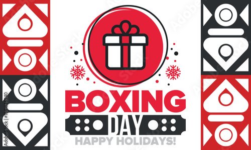Boxing Day. Day after Christmas Day, when gifts are given! This holiday is associated with shopping and sporting events. Celebrated annually in the Great Britain on December 26th. Vector illustration