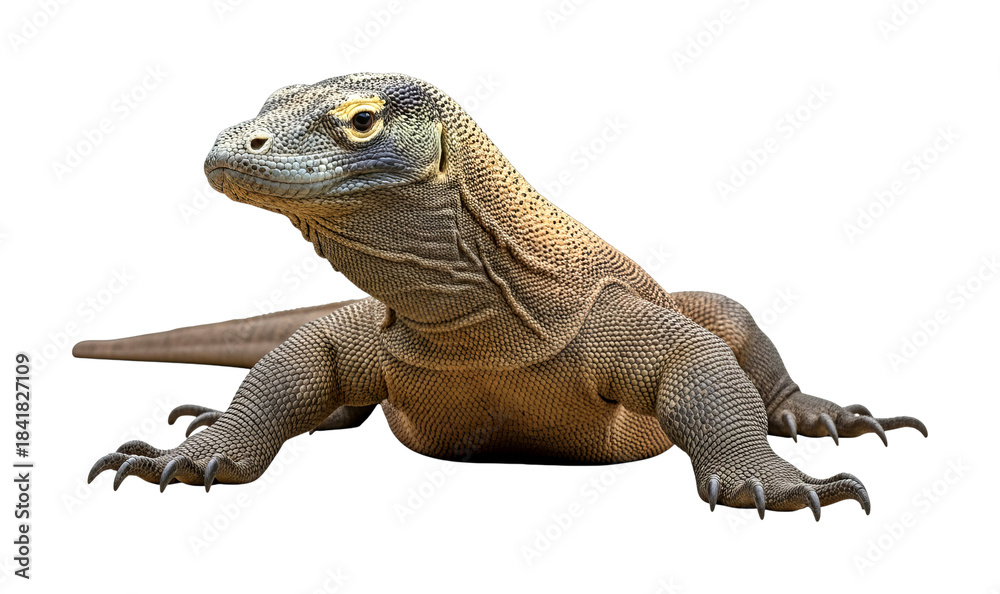 Obraz premium Large Komodo dragon lizard reptile predator stands alert, showcasing its powerful claws and intricate textured scales against a dark setting.