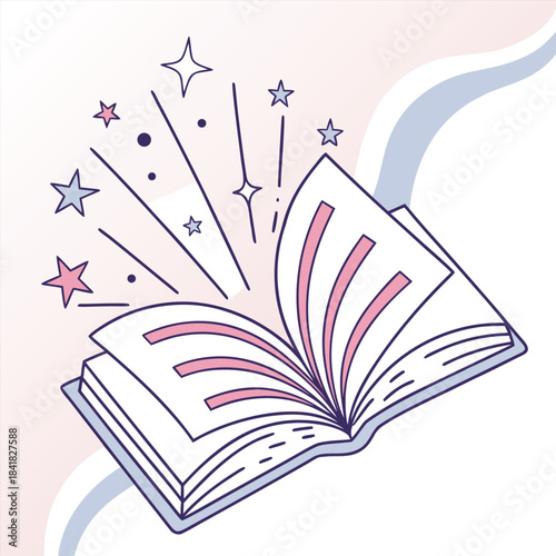 Vibrant illustration of an open book bursting with magical sparkles and rising stars, capturing the essence of storytelling, imagination, and the joy of knowledge discovery