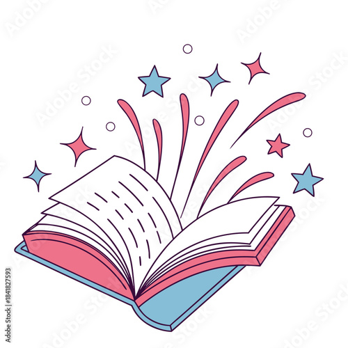 An open book with a burst of imagination and creativity emanating from its pages, surrounded by stars and sparkles