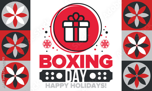 Boxing Day. Day after Christmas Day, when gifts are given! This holiday is associated with shopping and sporting events. Celebrated annually in the Great Britain on December 26th. Vector illustration