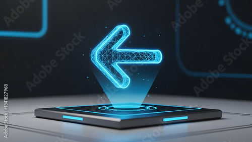 A futuristic digital display shows a glowing blue wireframe arrow pointing left, rendered as a hologram above a sleek, dark platform with intricate circuit patterns and neon accents