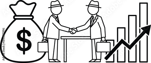 Business Deal Handshake with Money Bag and Growth Bar Graph, Black and White Finance and Success Cartoon Vector Illustration, Investment Partnership Agreement.