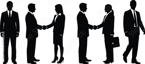 Two business professionals shaking hands, concept illustration of successful partnership and business agreement, male and female colleagues making a deal, corporate finance vector